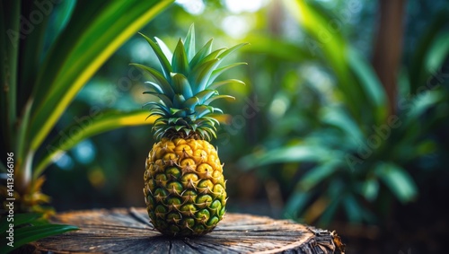 Tiny vibrant adorable fruit from a decorative pineapple pot plant, tropical indoor garden plant