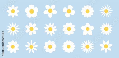 Camomile flower set. Minimal daisy collection on soft blue background. Simple floral vector elements. Clean and delicate design for spring and summer nature themes.