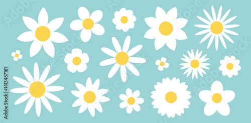Set of white camomile flowers. Flat botanical illustration. Simple spring floral collection. Cute minimalist daisies. Vector isolated on mint background.