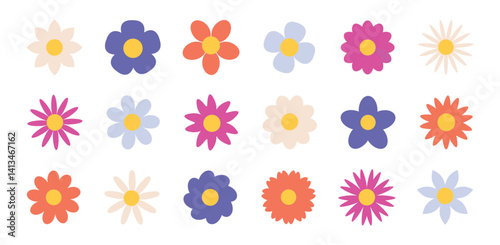 Colorful camomile flower set. Bright summer daisy collection in flat style. Fun botanical design for kids and spring decor. Cute floral elements isolated on white background.