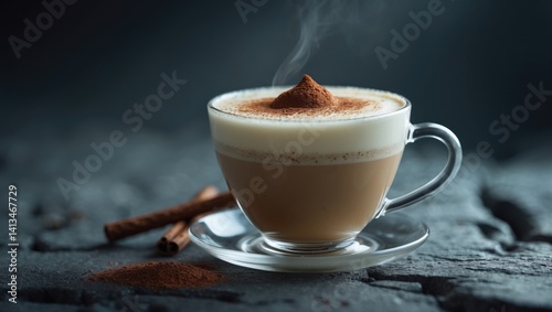 Profile view of a scrumptious cappuccino with milk foam dusted with cinnamon in a clear glass mug