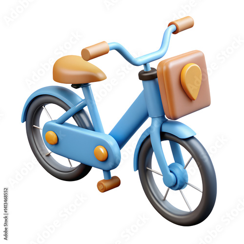 A 3D charming blue children's bicycle with a cute package on the front and a comfortable brown seat.