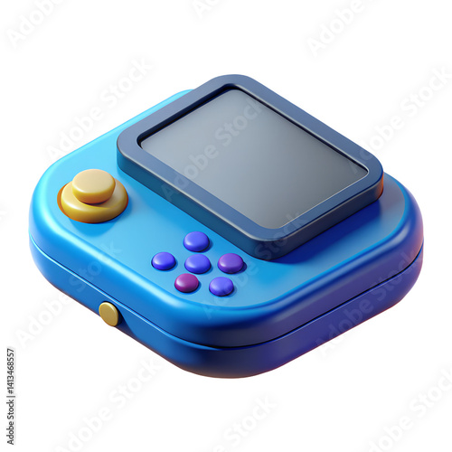 3D Retro-style handheld gaming device in blue with colorful buttons and a screen for playing portable games.