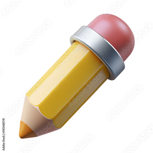 A 3D stylized, cartoon-like yellow pencil with a pink eraser and silver band.