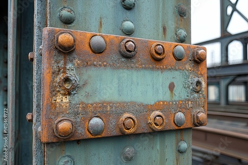 Close up view of aged metal bridge structural details