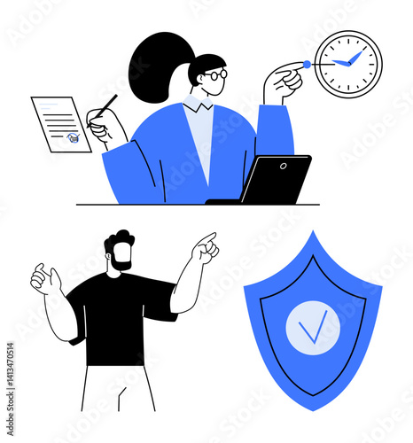 Woman with a clock, document, and laptop multitasking man gesturing toward a shield with a checkmark. Ideal for productivity, organization, security, workflow, business planning, and a simple landing