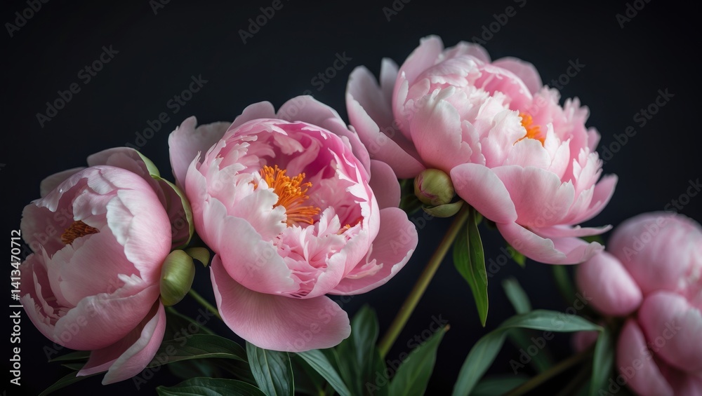 Two pink peonies displayed from the side on a dark background Two pink peonies displayed from the side on a dark background