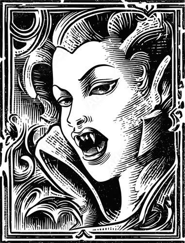 A black and white vector illustration in a woodcut or engraved style depicting a female vampire with sharp fangs, a dramatic collar, and stylized hair, framed by ornate borders.