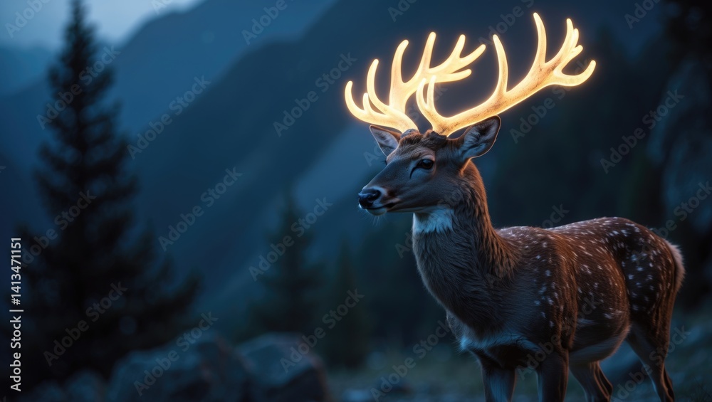 Fototapeta premium Luminous deer horns, magical deer, whimsical scenery, high-res picture