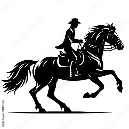 "Man and woman horseback riding silhouette, stylish vector with smooth, minimal lines, capturing motion and harmony, perfect for equestrian, travel, or lifestyle designs."