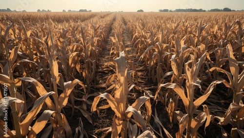 Aerial view of corn plantation field affected by severe drought, resulting in low-quality harvest crops