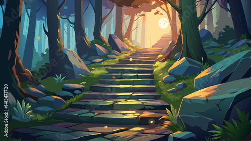 Old stone steps leading through an enchanted woodland path, glowing softly at dawn