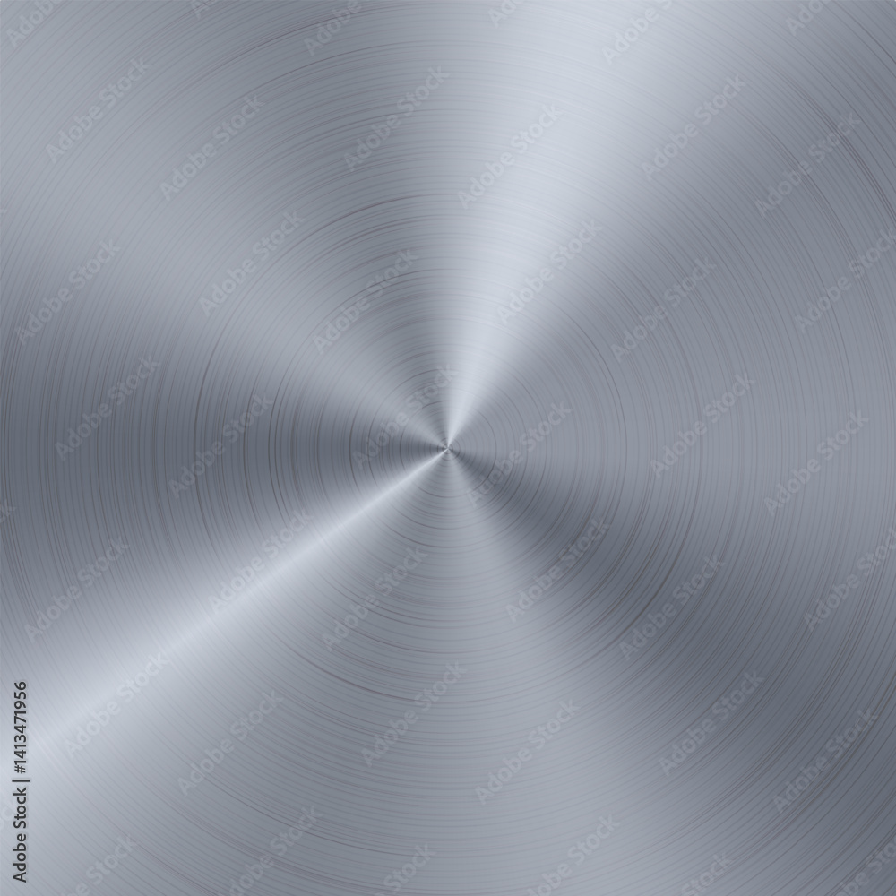 Metal gradient radial rectangle background. Steel silver foil circle. Wheel sticker gradation texture. Vector chrome platinum disk. Gray color hologram button plate. Square badge label template
