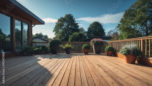Obraz na płótnie Outdoor wood deck at home, freshly treated and decorated with flowering potted plants w salonie