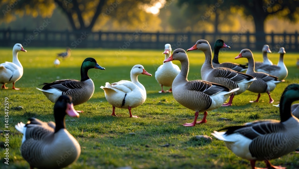Fototapeta premium A group of geese. White and grey geese roaming a farm. Geese feed on a lush meadow. A line of domestic geese moves sequentially through the field. Close-up, selective focus.