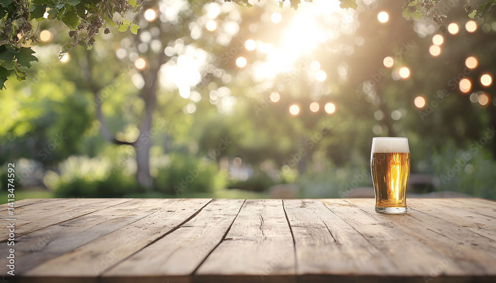 cold beer in a glass on wooden table over blurred beer garden in summer