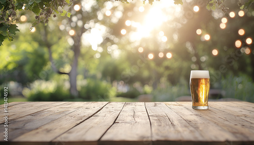 Obraz na płótnie cold beer in a glass on wooden table over blurred beer garden in summer w salonie