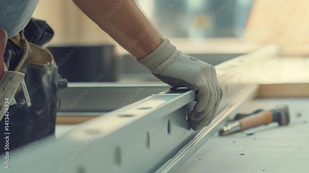 Construction worker aligning metal studs for wall framing. Featuring precision and teamwork Construction worker aligning metal studs for wall framing. Featuring precision and teamwork