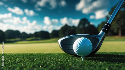 Golf ball atop tee with driver club poised on grassy ground