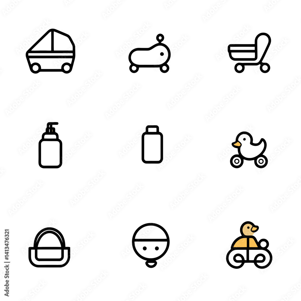 Collection of baby items icons featuring various essential products and toys for infants and toddlers in a simple design Collection of baby items icons featuring various essential products and toys for infants and toddlers in a simple design