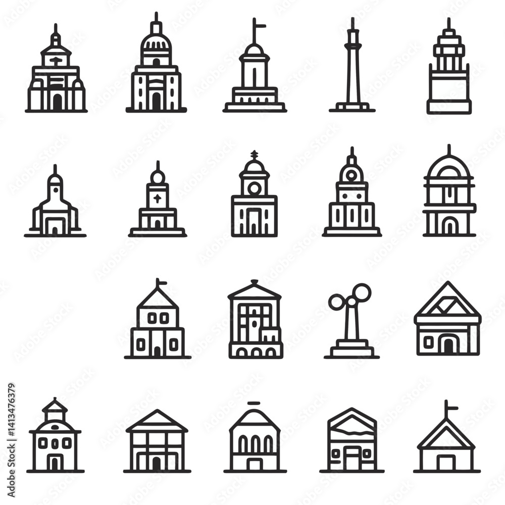 Fototapeta premium Collection of iconic buildings and landmarks illustrated in a simple, modern line art style showcasing architectural diversity