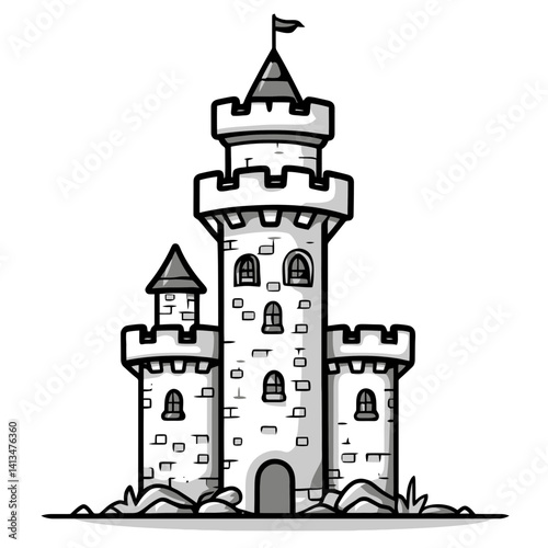 Minimalist castle tower design featuring a single line icon representation of a medieval fortress