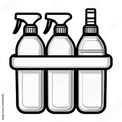 Minimalist cleaning caddy icon depicting spray bottles organized for efficient household cleaning tasks