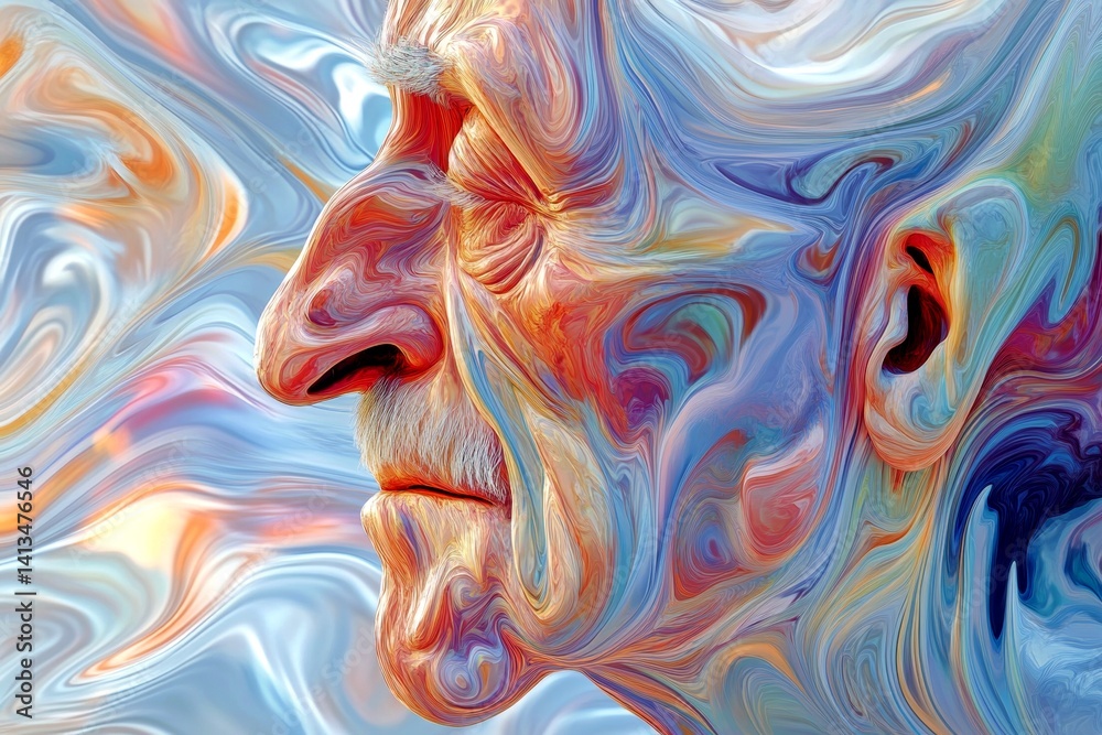 Obraz premium Hearing loss - obstacle in old age: abstract image of mental state. Metaphorical hearing loss awareness of a maturation. Elderly illness. Old man frown. Aging symptoms. Geriatric care.