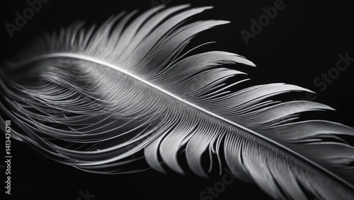 Close-up of a bird's feather fragment in black and white.