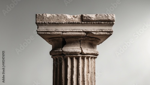 Close-up front view of a large vertical square piece of an antique classical stone column with a weathered texture