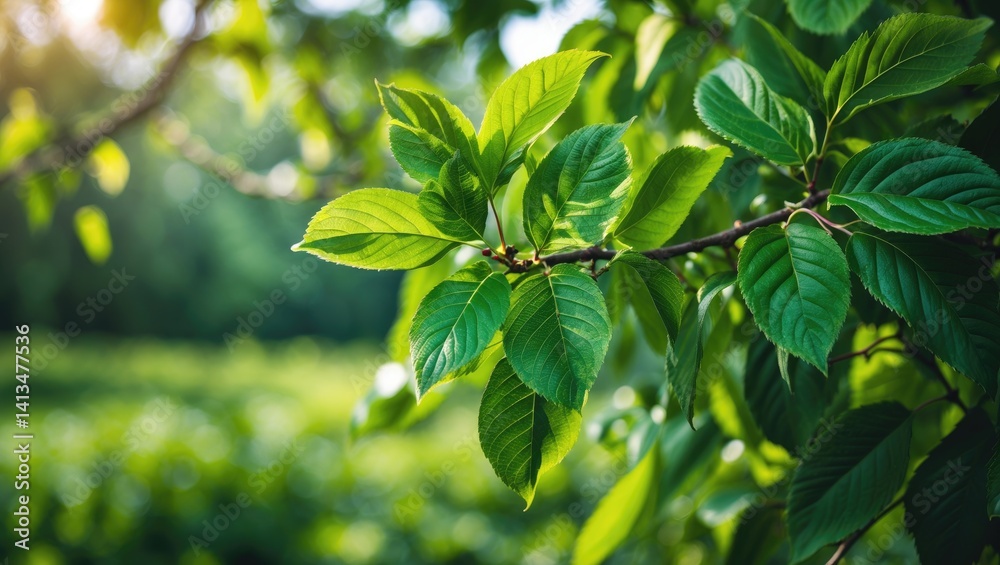 Vibrant green sour cherry leaves and branches on a tree. Vibrant green sour cherry leaves and branches on a tree.