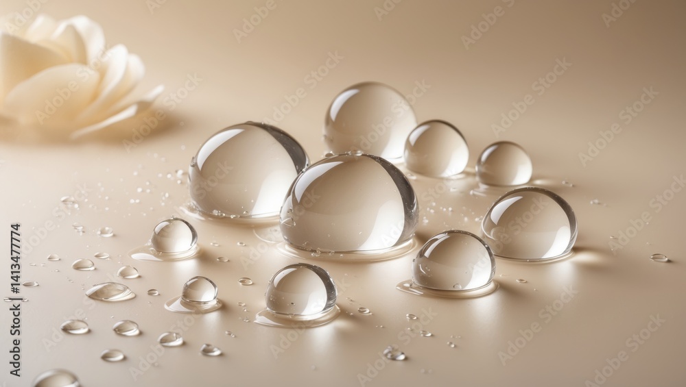 Transparent gel lotion drop texture backdrop, Close-up view of cosmetic gel drops on a neutral beige surface with room for text. Moisturizing body and skin care Transparent gel lotion drop texture backdrop, Close-up view of cosmetic gel drops on a neutral beige surface with room for text. Moisturizing body and skin care
