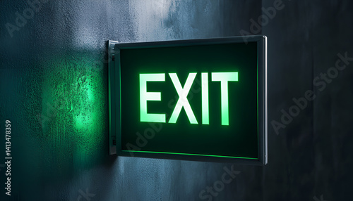 green glowing EXIT sign on dark grey wall