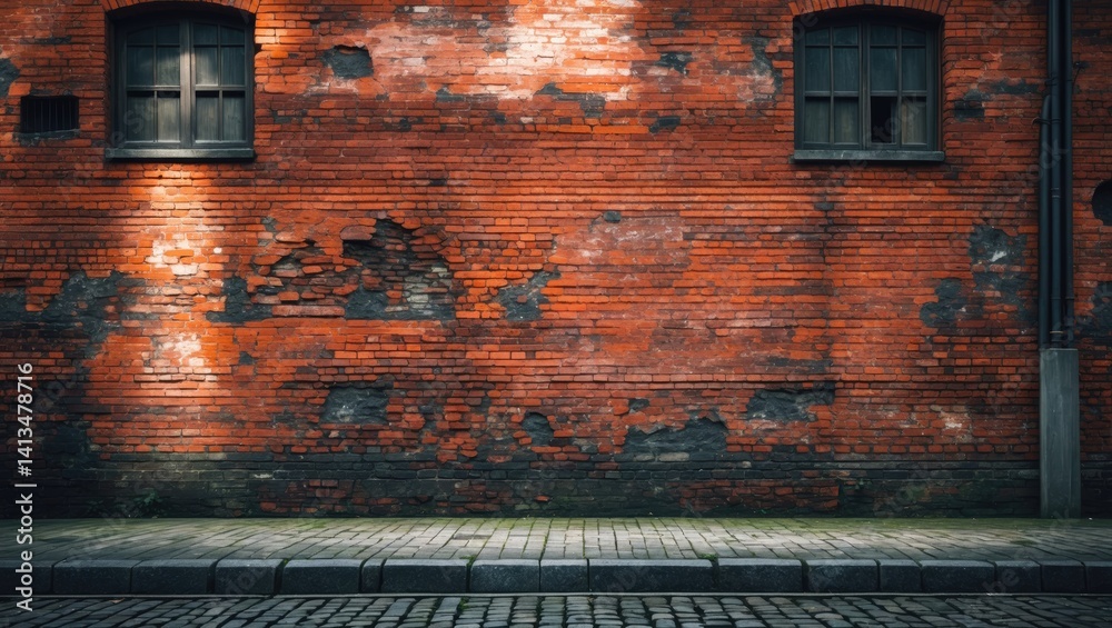 Desolate industrial scene with a weathered street and brick warehouse wall