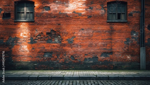 Obraz na płótnie Desolate industrial scene with a weathered street and brick warehouse wall w salonie