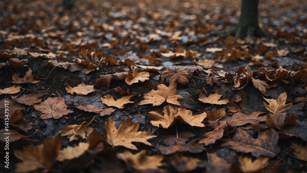 Fallen autumn leaves creating a damp tapestry of muted hues and striking shapes. Fallen autumn leaves creating a damp tapestry of muted hues and striking shapes.