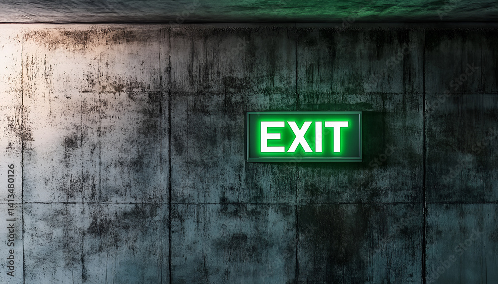green glowing EXIT sign on dark grey wall