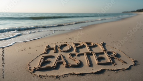 Obraz na płótnie Joyful Easter. The messages etched in the sand by the sea. A day to rejoice at the shore or wherever you prefer. Happy Easter to everyone. w salonie