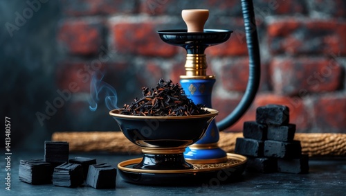 Glossy black hookah bowl filled with shisha ready for smoking positioned on a dark surface alongside an elegant hookah, charcoal, and textured wood. High-quality image.