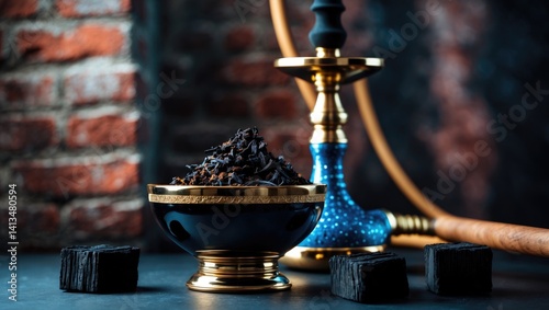 Polished black hookah bowl containing shisha and ready for smoking located on a dark surface next to an exquisite hookah, charcoal, and textured wood. High-resolution photo.