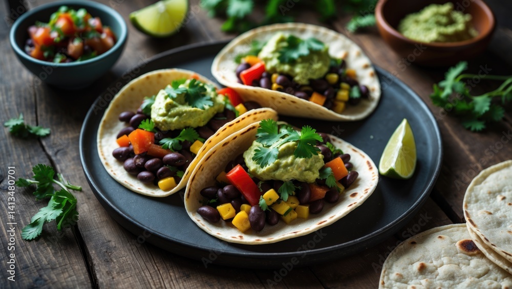 Vegan tacos made at home featuring black beans, sweet potato, guacamole, and flatbread tortillas. A clean eating, plant-based food idea.