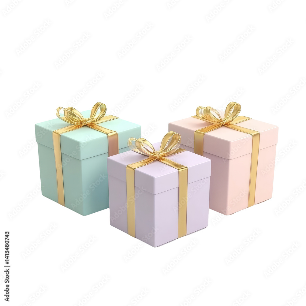Fototapeta premium Pastel gift boxes with golden ribbons arranged beautifully on a clean transparent surface, 3 Gift boxes with golden ribbon 3d render pastel color isolated on transparent background