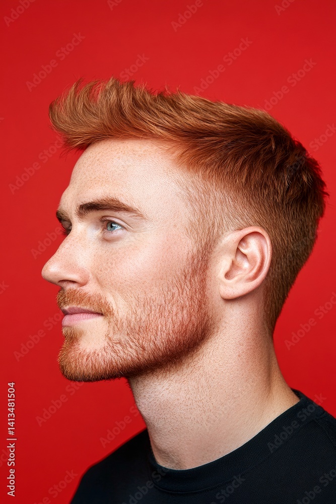 Obraz premium Visual idea of style for aging men. Elegant men's classic short back and sides haircut - midlife white man with red hair. Red solid background. A handsome man with a captivating smile.