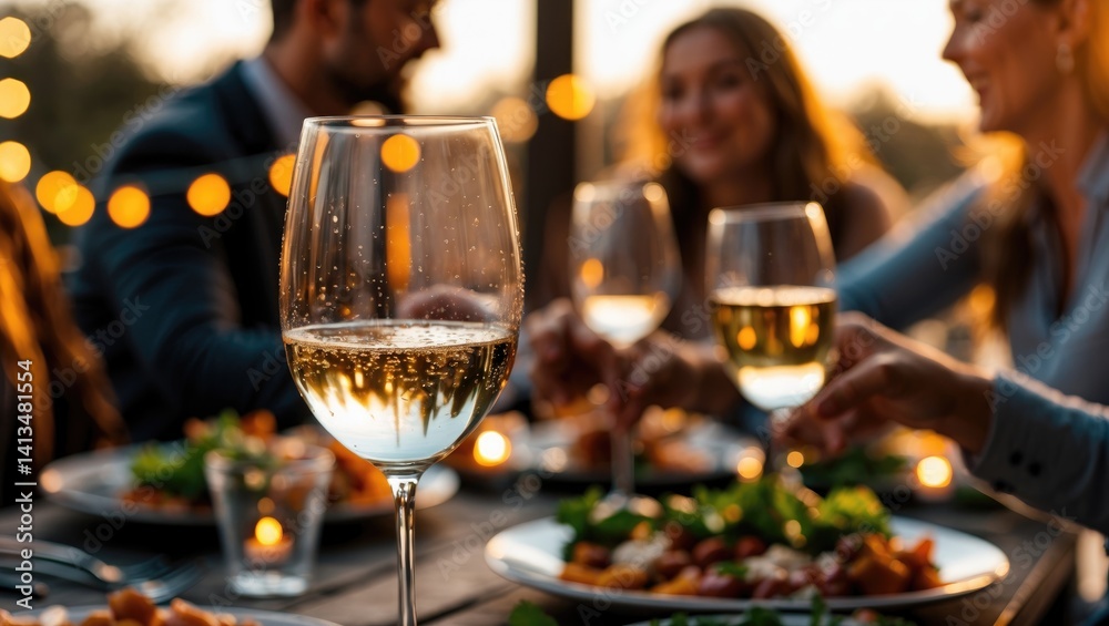 Friends celebrating togetherness with wine and food in a sunny outdoor environment.