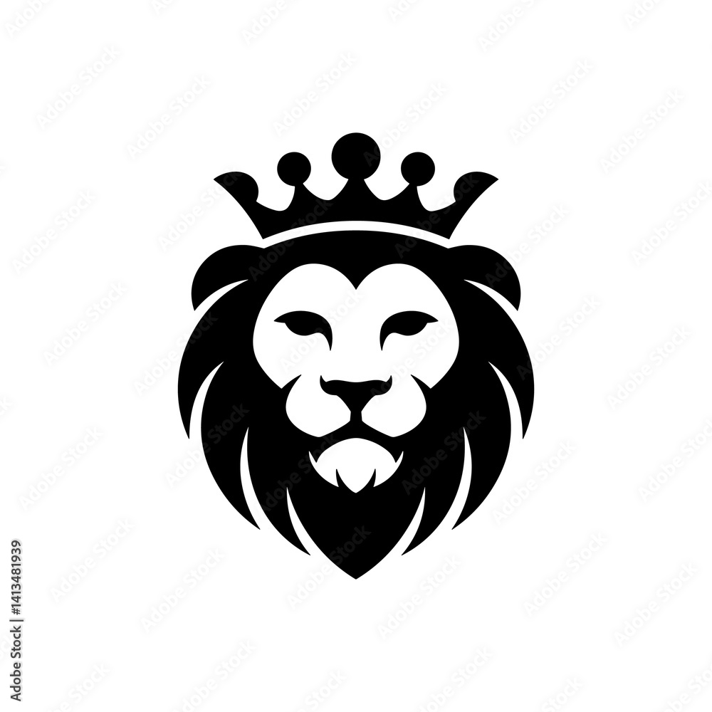 Fototapeta premium Minimalist lion head logo with crown, majestic king lion silhouette icon, black and white royal animal emblem for corporate branding and luxury identity