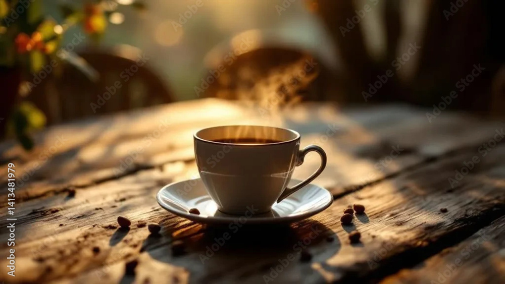 Elegant cup of hot coffee on the wooden table. Close up.