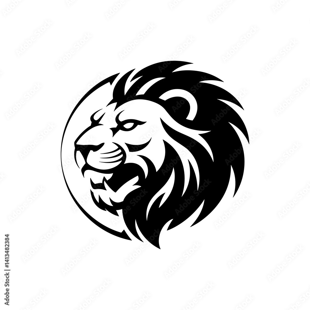 Fototapeta premium Lion head vector logo, Wild roaring lion king head tattoo set, Front and side view predator face, full lions heads icon black and white ink sketch silhouettes design, Eps, Ai, Svg format