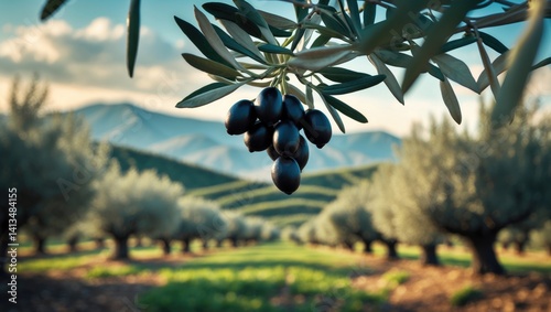 Winter scene of an olive branch adorned with black ripe olives, against a blurred background of tree rows and a mountain under a cloudy blue sky.