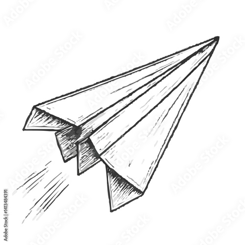 Line drawing of flying paper airplane in dynamic sketch style