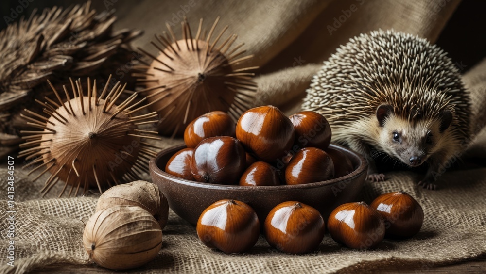 Hedgehogs and chestnuts arranged in a terracotta bowl with a background